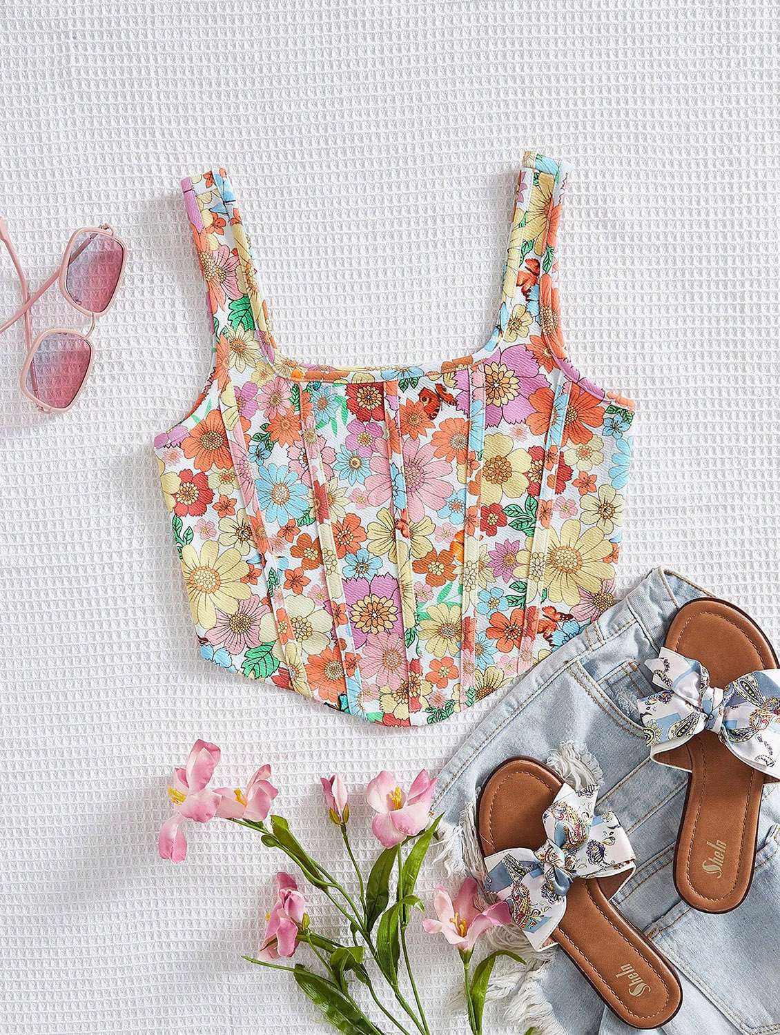 women floral print corset crop top