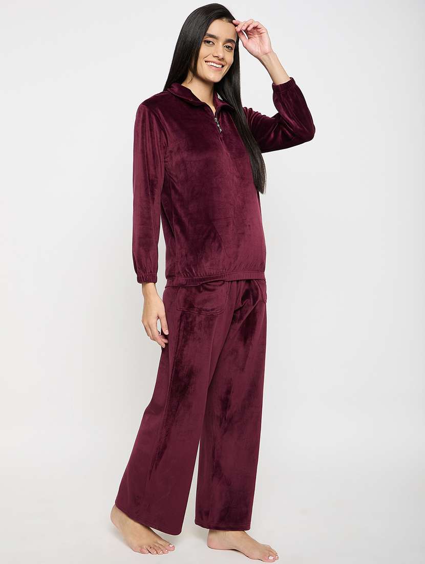 women solid velvet pyjama nightwear set - 21732309 -  Standard Image - 2