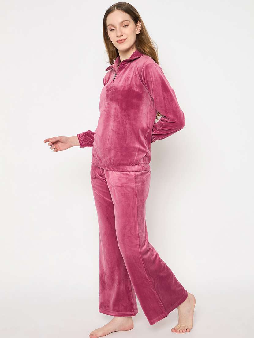 women solid velvet pyjama nightwear set - 21732311 -  Standard Image - 2