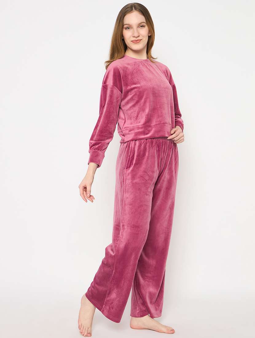 women solid velvet pyjama nightwear set - 21732316 -  Standard Image - 2