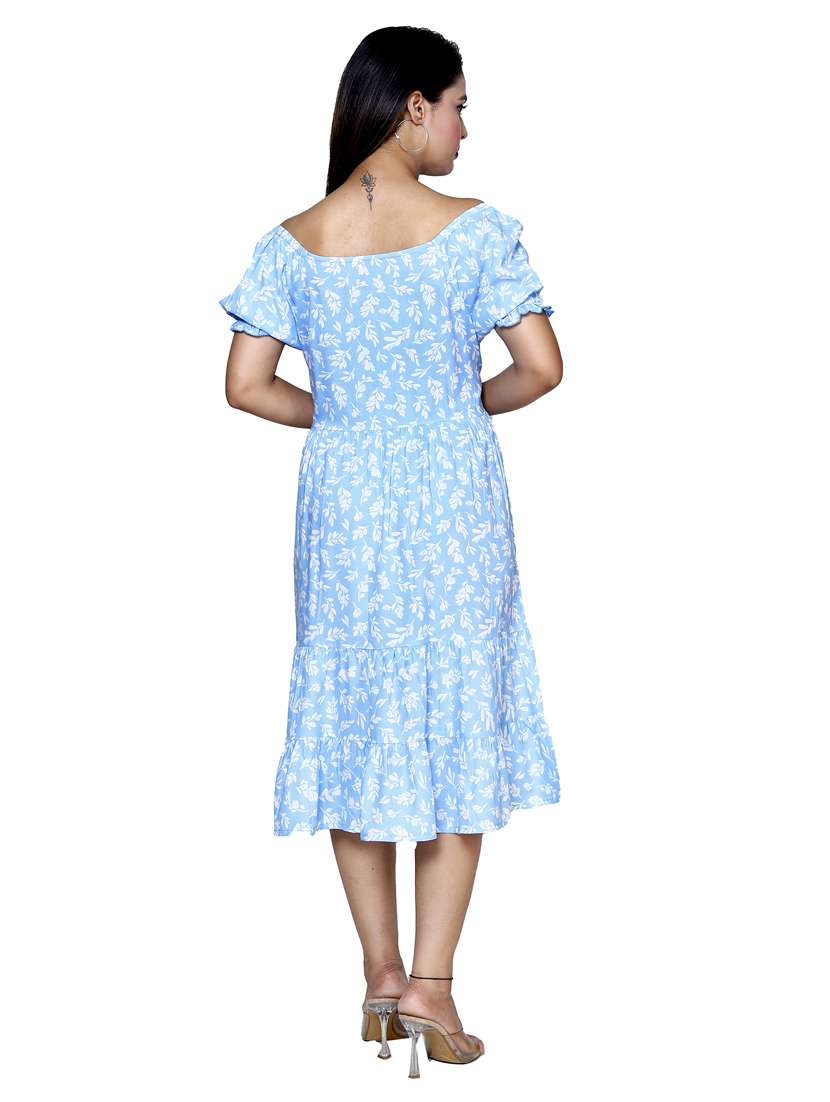 women light blue leaf printed off shoulder tiered dress - 21732863 -  Standard Image - 2