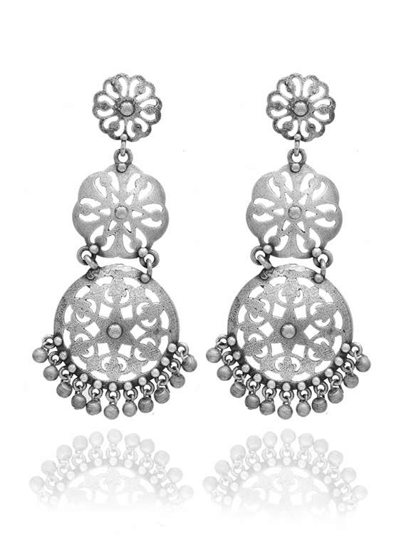 silver-toned & silver-plated oxidized drop earrings