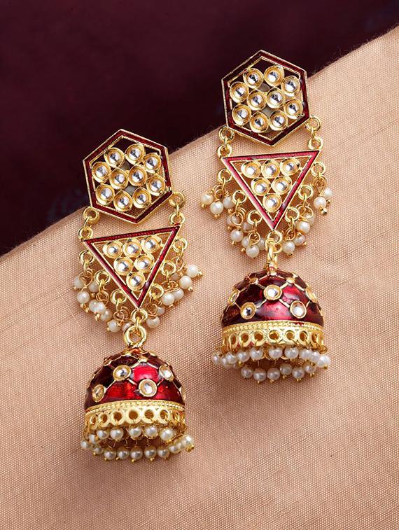 gold plated maroon meenakari dome shaped jhumka earrings - 21733281 -  Zoom Image - 0