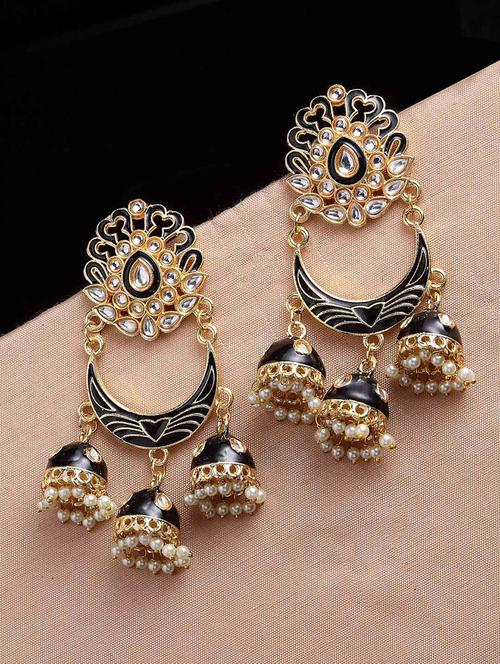 black & gold plated crescent shaped kundan jhumkas earrings - 21733287 -  Standard Image - 0