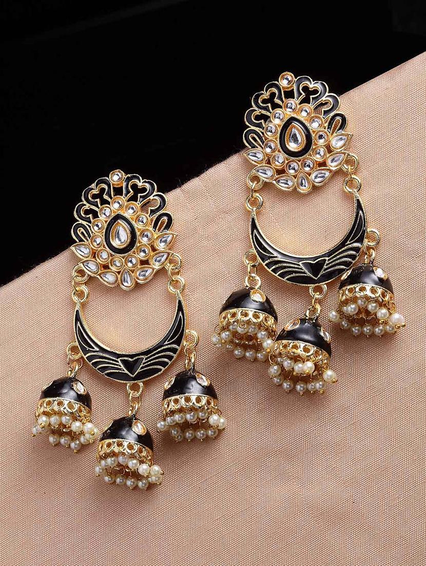 black & gold plated crescent shaped kundan jhumkas earrings - 21733287 -  Zoom Image - 0