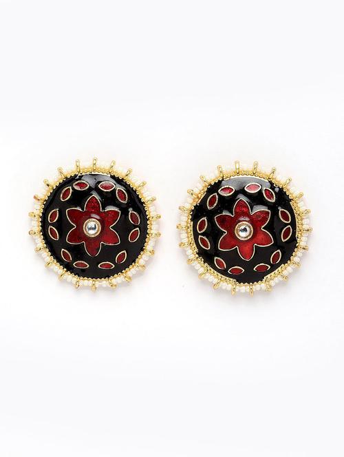 black & red meenakari detailed studs earrings - 21733288 - Standard Image - 0
