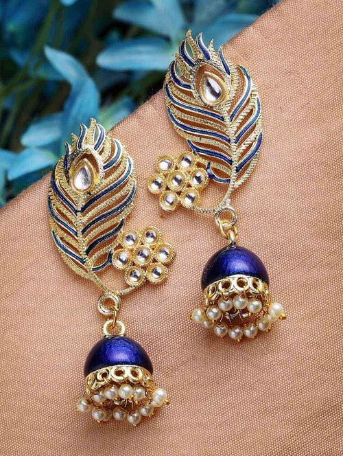 blue & gold-plated kundan stone leaf shaped jhumka earrings - 21733295 - Standard Image - 0