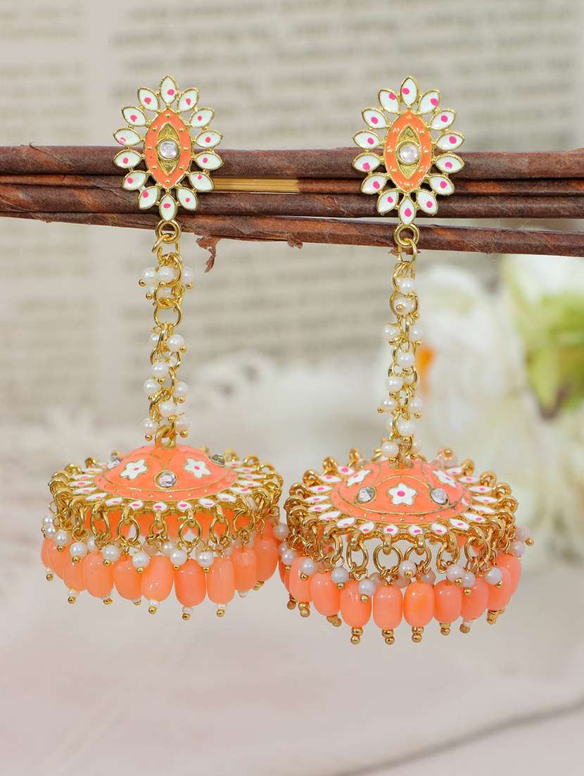 women meenakari detailed jhumka earrings