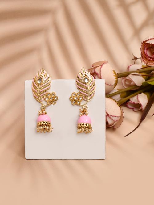 pink & gold-plated kundan stone leaf shaped jhumka earrings - 21733307 -  Standard Image - 0