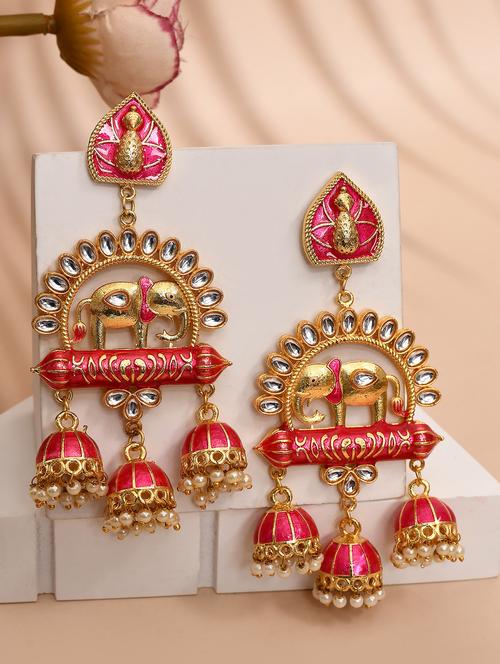 gold-plated animal shaped kundan drop earrings - 21733314 - Standard Image - 0