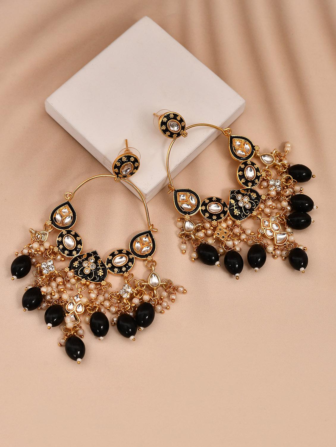 gold plated kundan stone and meenakari pearl chandballi earrings - 21733321 - Zoom Image - 0