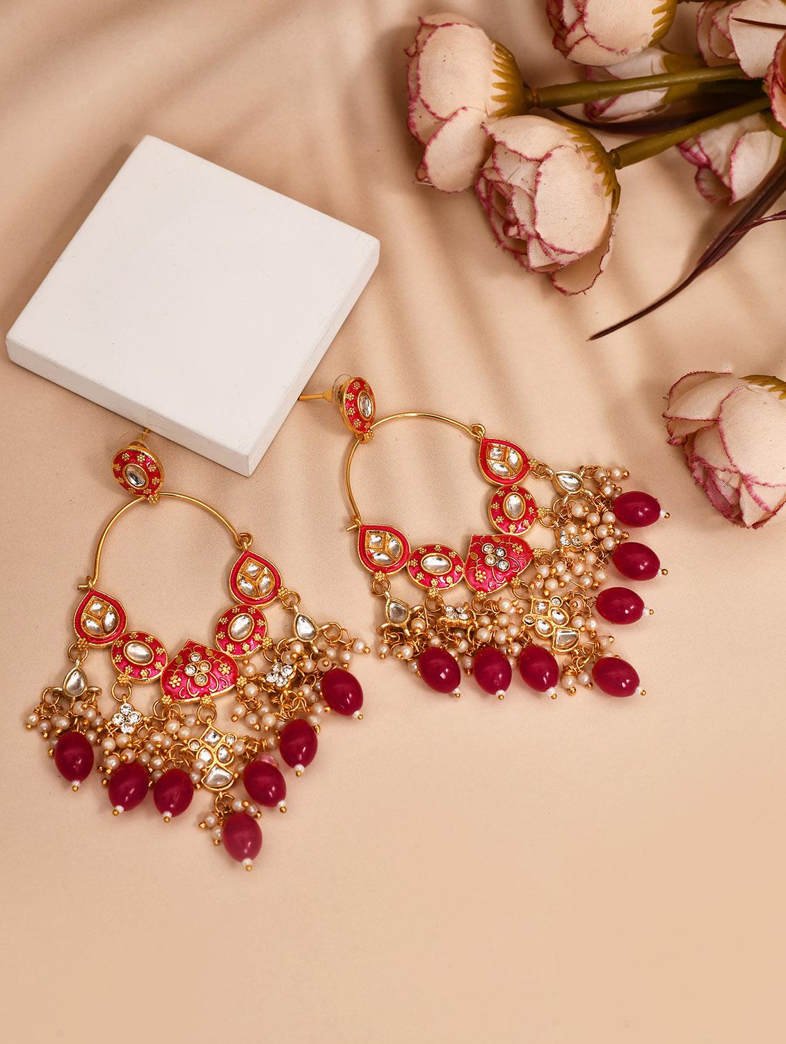gold plated kundan stone and meenakari pearl chandballi earrings - 21733322 - Zoom Image - 0