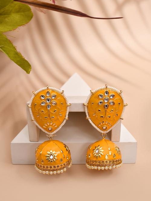 yellow & gold-plated dome shaped kundan stone jhumkas earrings - 21733324 - Standard Image - 0