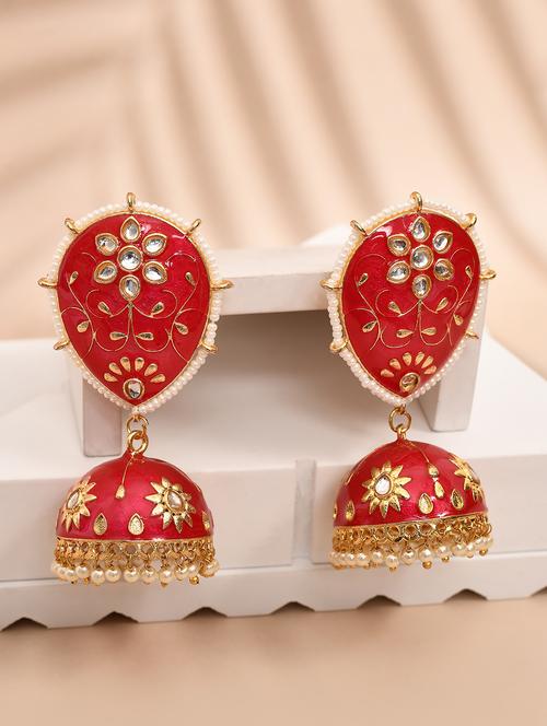 red & gold-plated dome shaped kundan stone jhumkas earrings - 21733325 - Standard Image - 0