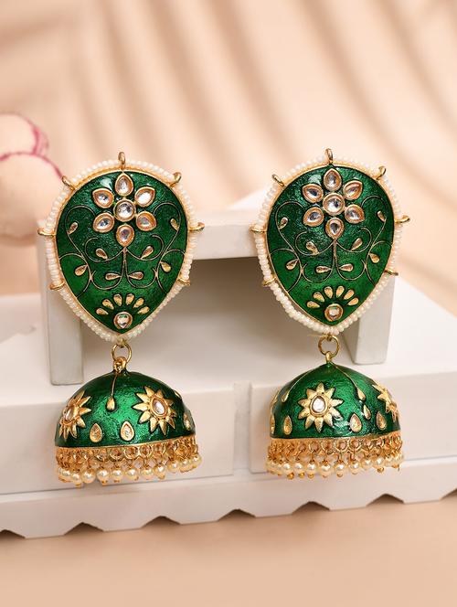 green & gold-plated dome shaped kundan stone jhumkas earrings - 21733328 - Standard Image - 0