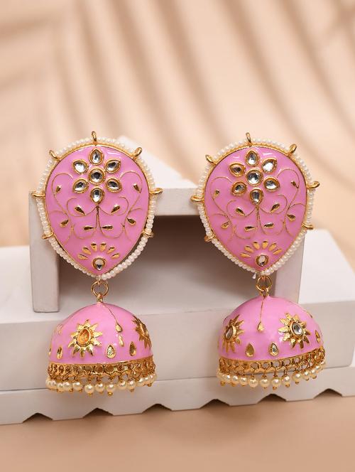 pink & gold-plated dome shaped kundan stone jhumkas earrings - 21733330 - Standard Image - 0