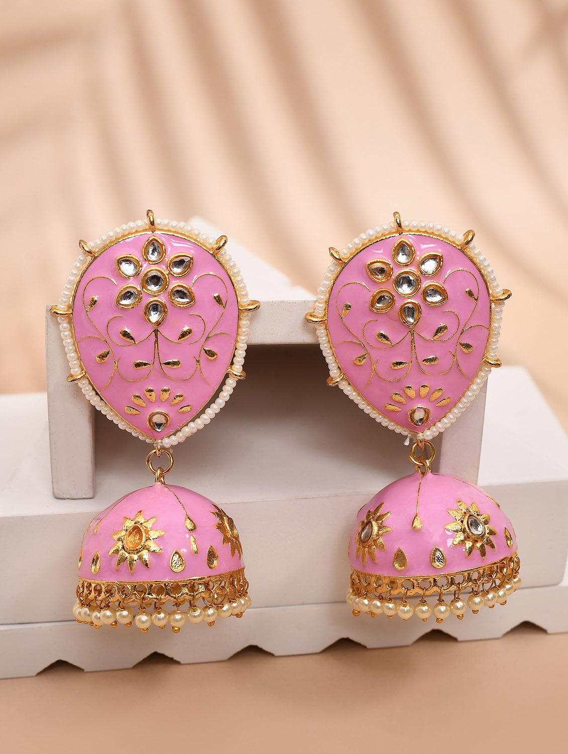 pink & gold-plated dome shaped kundan stone jhumkas earrings - 21733330 - Zoom Image - 0