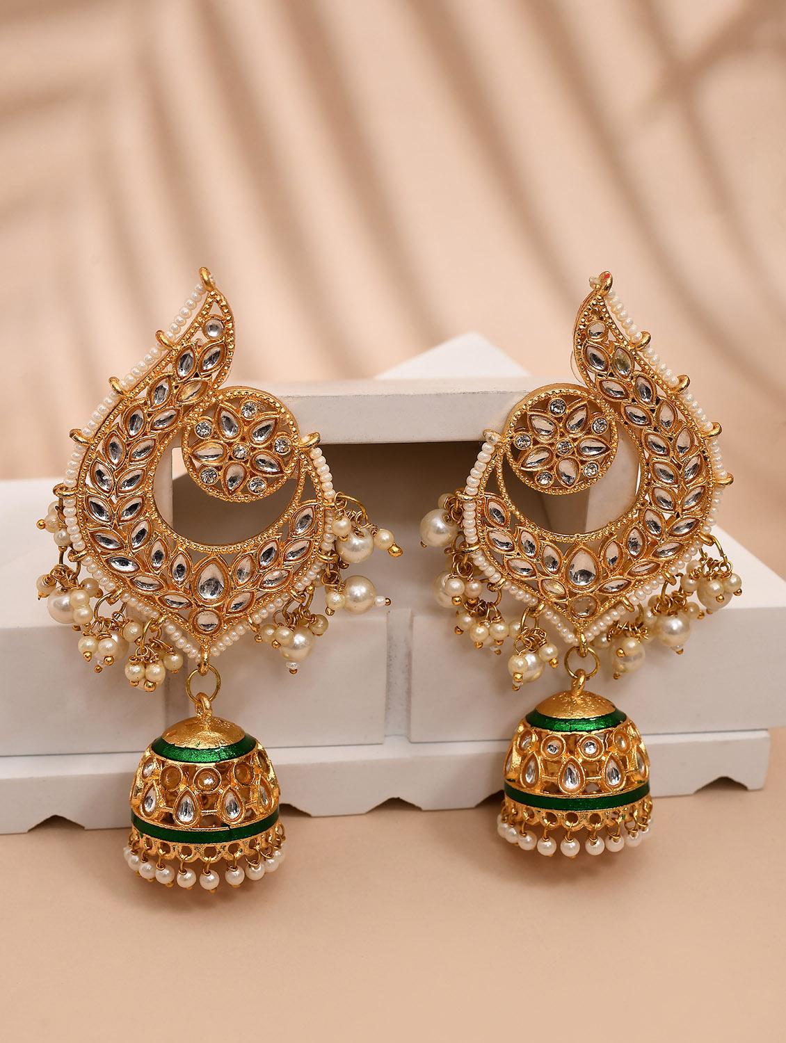 gold plated kundan stone and meenakari jhumka earrings - 21733334 -  Zoom Image - 0