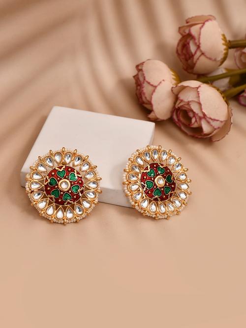 green & red kundan meenakari detailed studs earrings - 21733337 -  Standard Image - 0