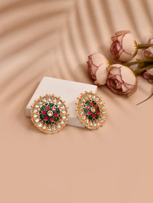 green & pink kundan meenakari detailed studs earrings - 21733338 - Standard Image - 0