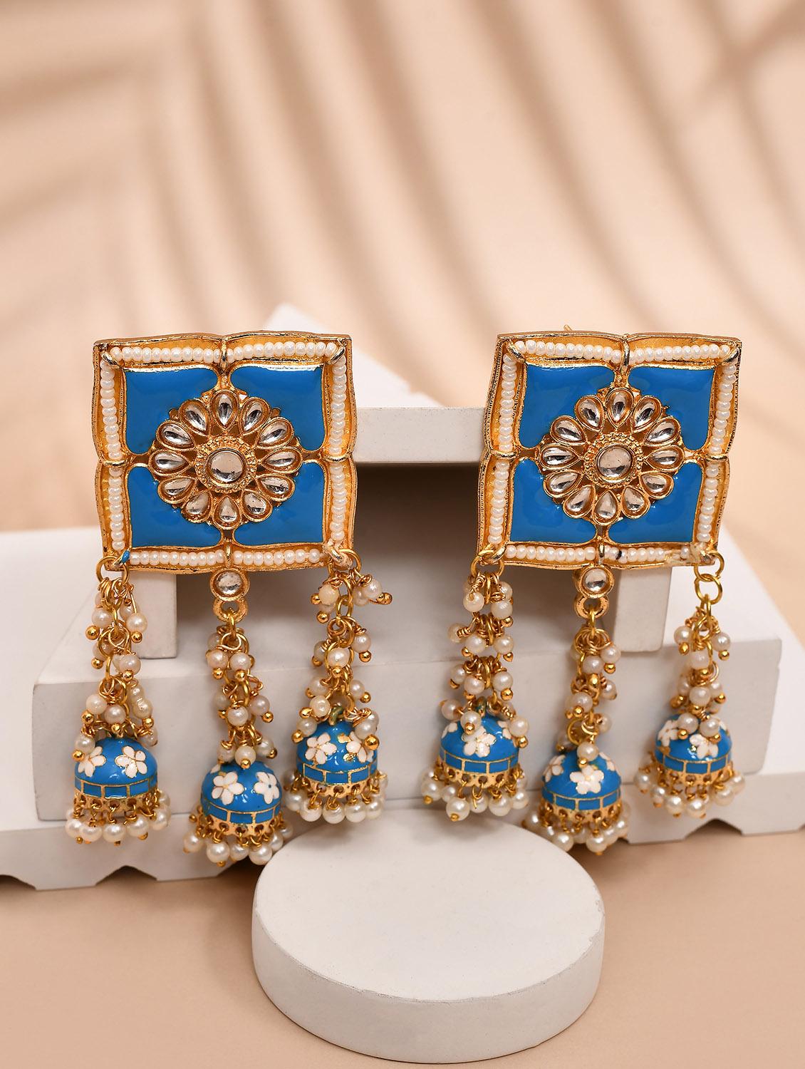 blue stone square top floral carved jhumka earrings - 21733341 -  Zoom Image - 0