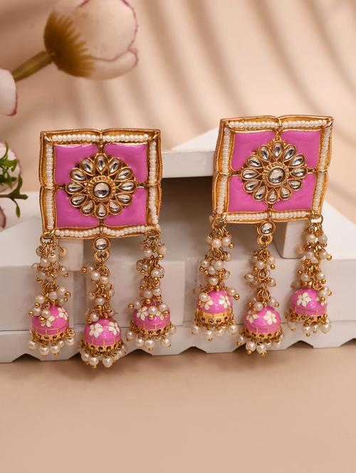 pink stone square top floral carved jhumka earrings - 21733342 - Standard Image - 0