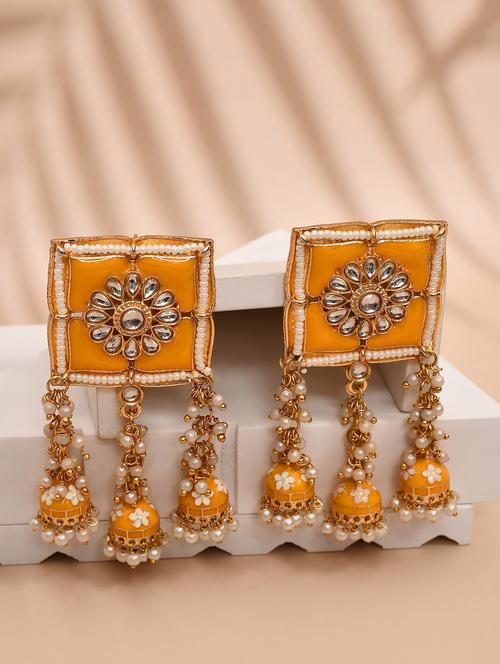 mustard stone square top floral carved jhumka earrings - 21733343 - Standard Image - 0