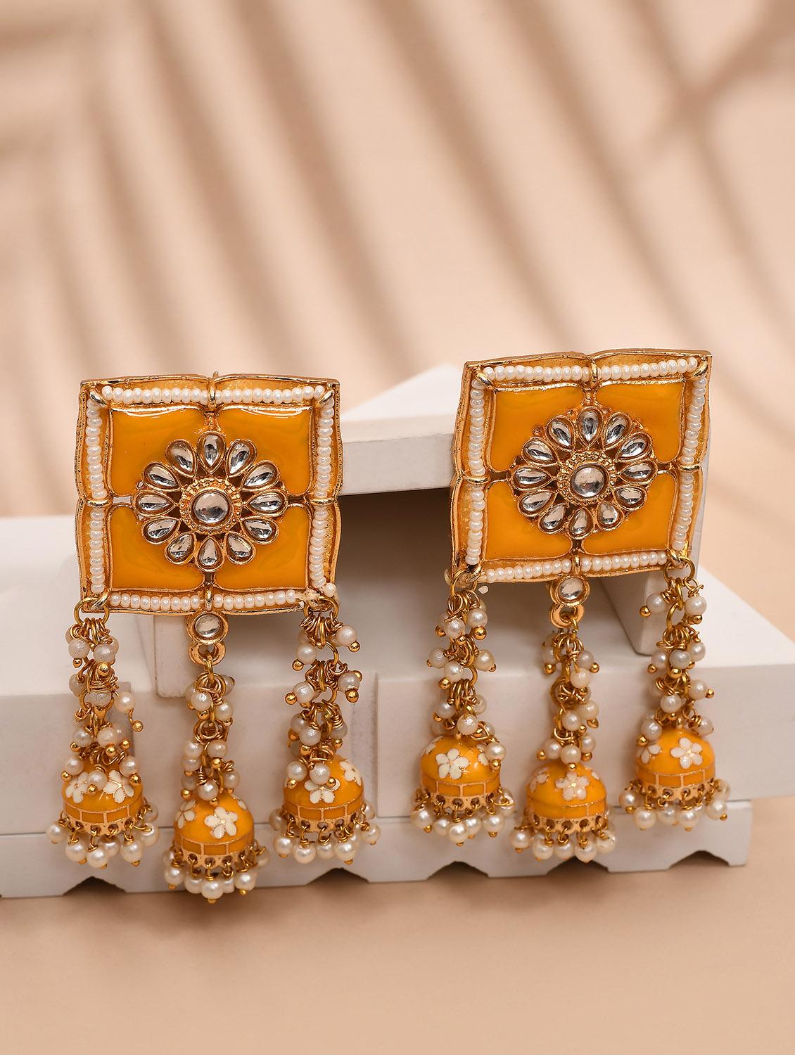 mustard stone square top floral carved jhumka earrings - 21733343 - Zoom Image - 0