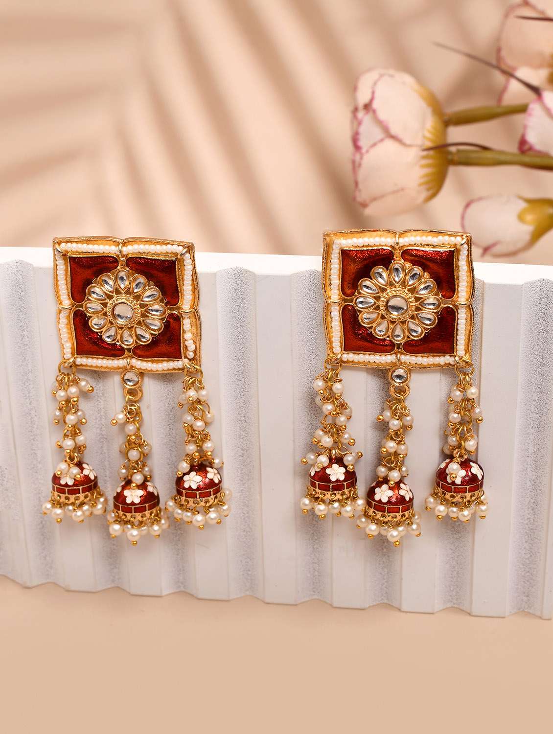 maroon stone square top floral carved jhumka earrings