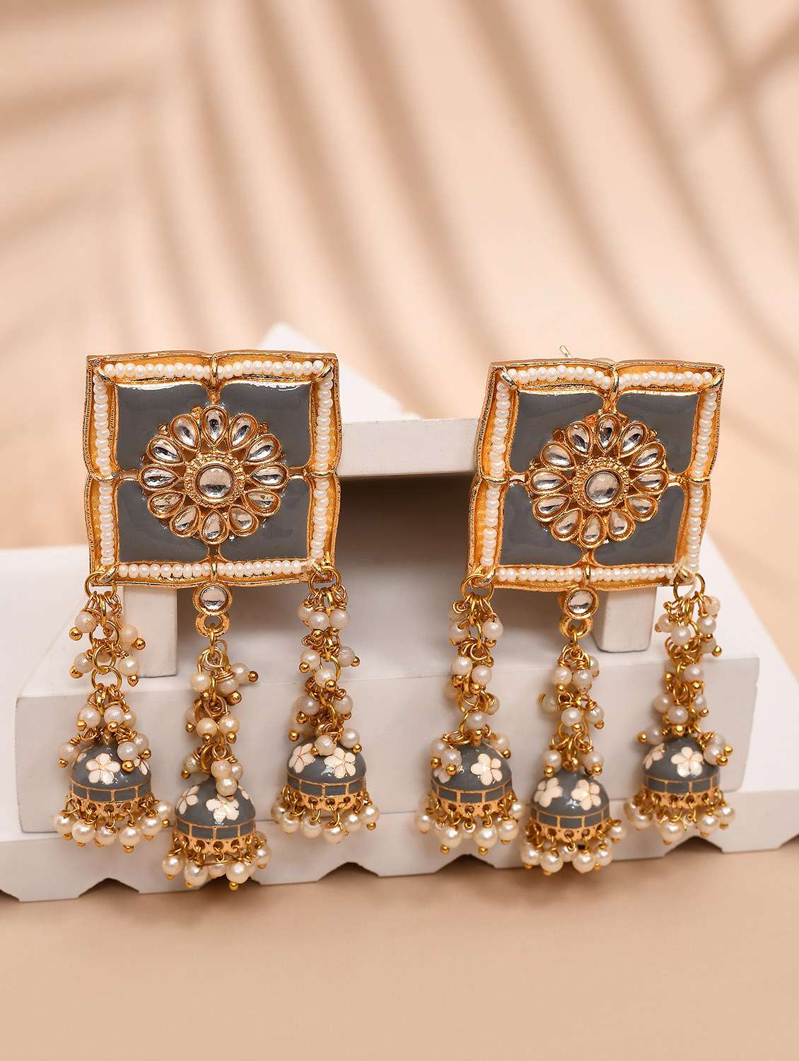 grey stone square top floral carved jhumka earrings