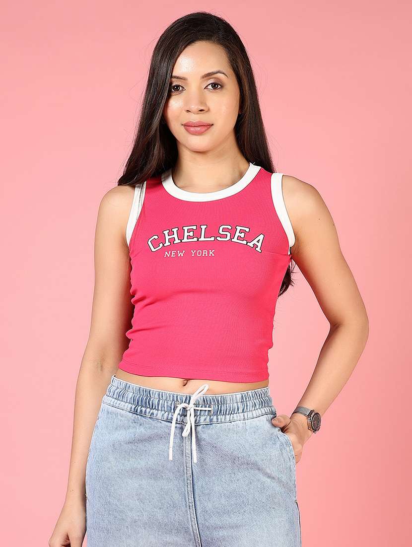 women pink typographic sleeveless crop top