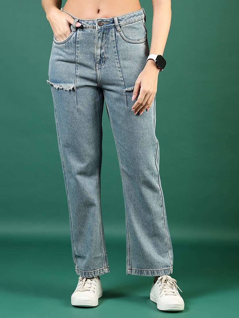 women distressed mid rise straight fit jean