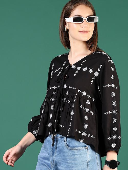 women black embroidered three quarter sleeve top - 21733413 - Standard Image - 0
