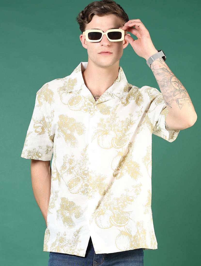 men off white printed short sleeve loose fit casual shirt