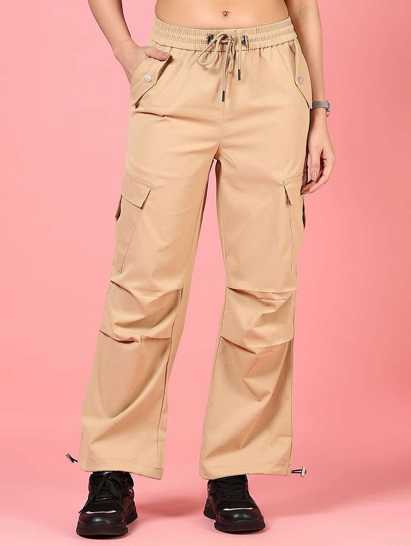 women beige solid mid rise parachute pant