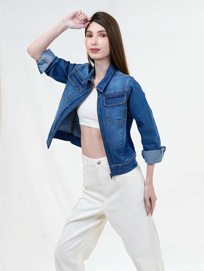 women blue long sleeve denim jacket - 21733638 - Standard Image - 2
