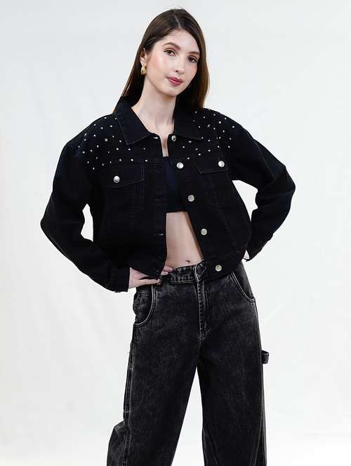 women black long sleeve embellished denim jacket - 21733640 - Standard Image - 0