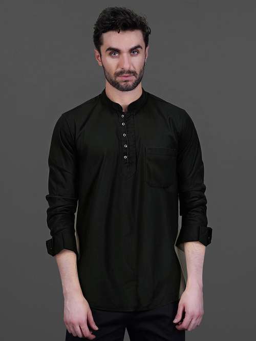 men solid long sleeve short kurta