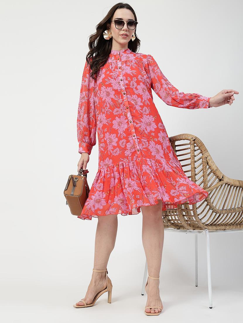 women red floral printed long sleeve tiered dress - 21737305 -  Zoom Image - 0