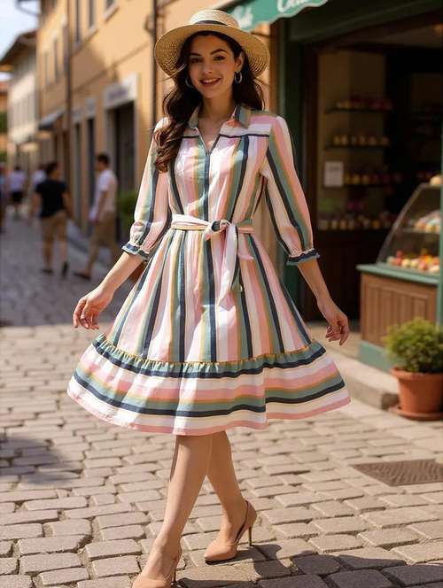 women striped tiered dress - 21737322 -  Standard Image - 0