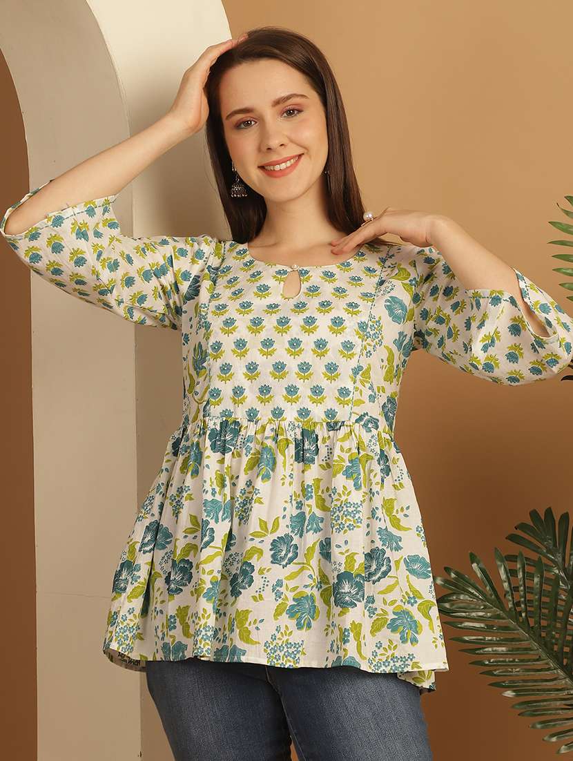 women three quarter sleeve flared ethnic top