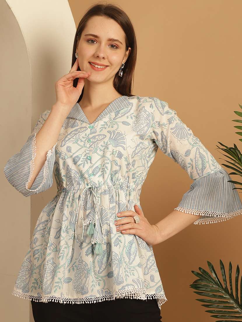 women three quarter sleeve flared ethnic top