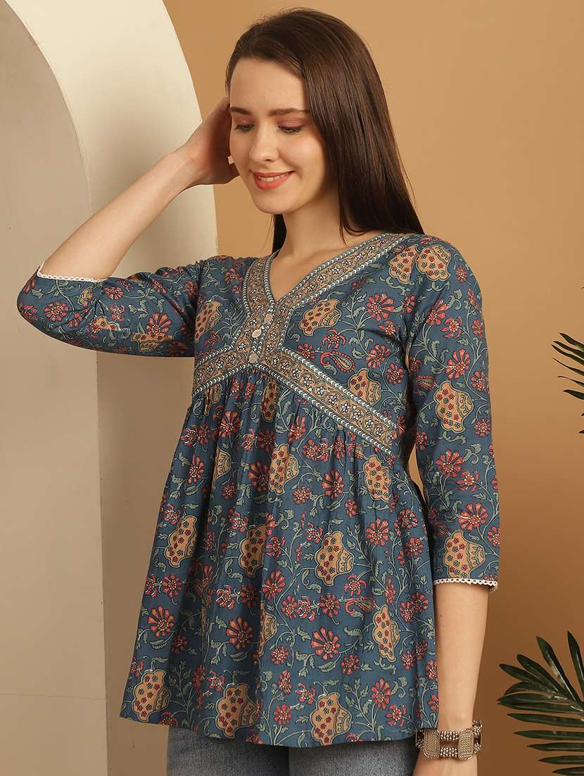 women floral printed v neck a-line top - 21737385 -  Standard Image - 2