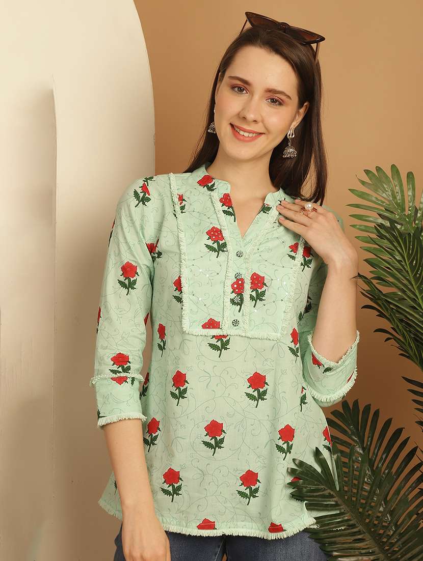 women three quarter sleeve a-line ethnic top - 21737395 -  Standard Image - 2