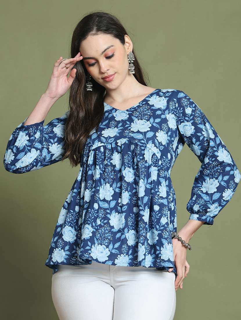 women floral printed v neck a-line top