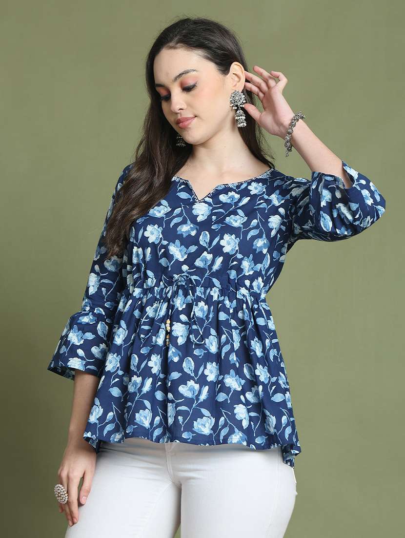 women floral printed notch neck flared top  - 21737416 -  Standard Image - 2