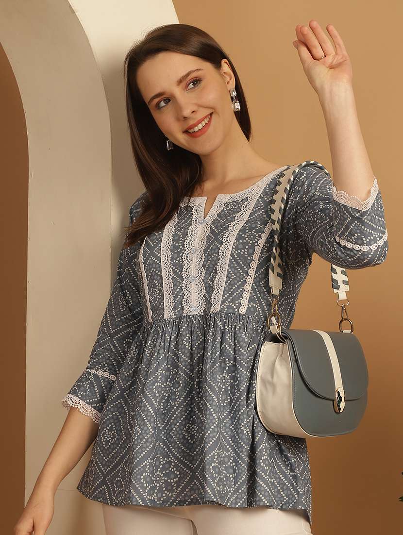 women grey bandhani printed flared top - 21737420 -  Standard Image - 2
