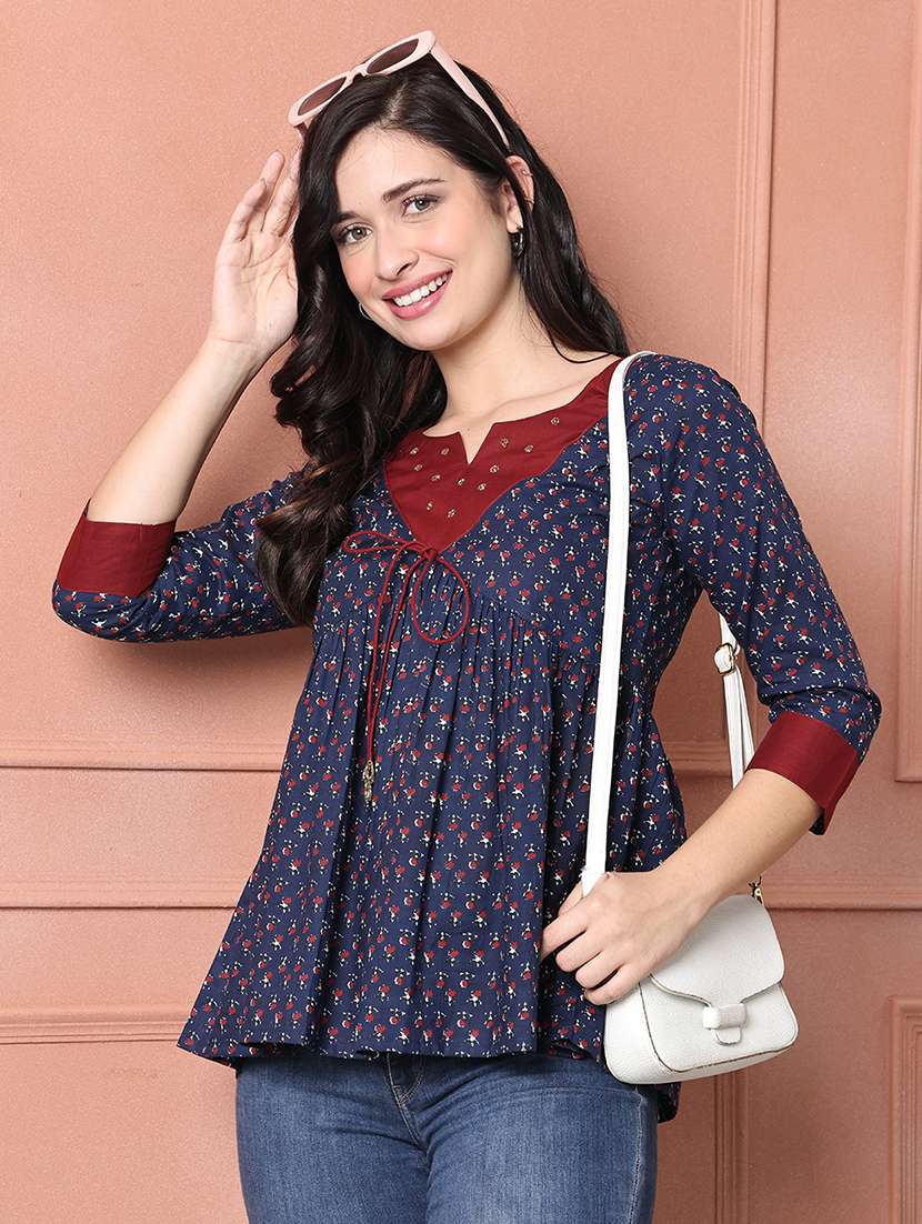 women floral printed notch neck flared top  - 21737422 -  Standard Image - 2