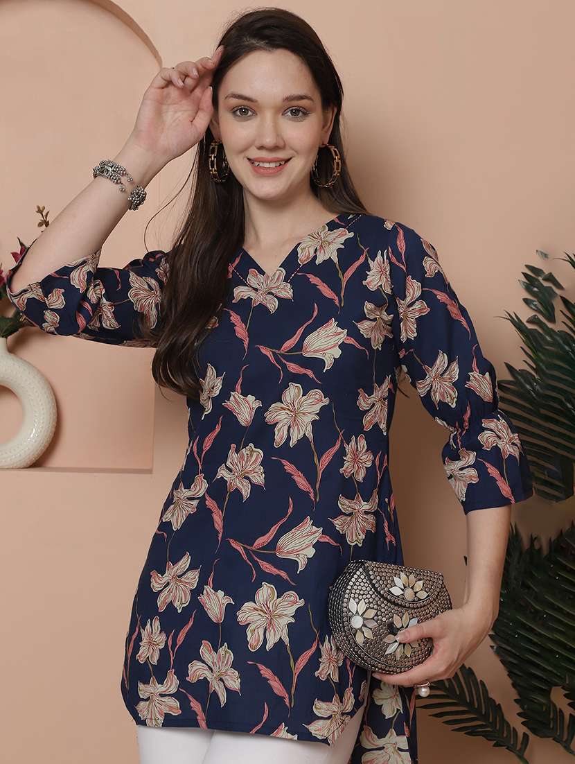 women floral three quarter sleeve high-low kurti