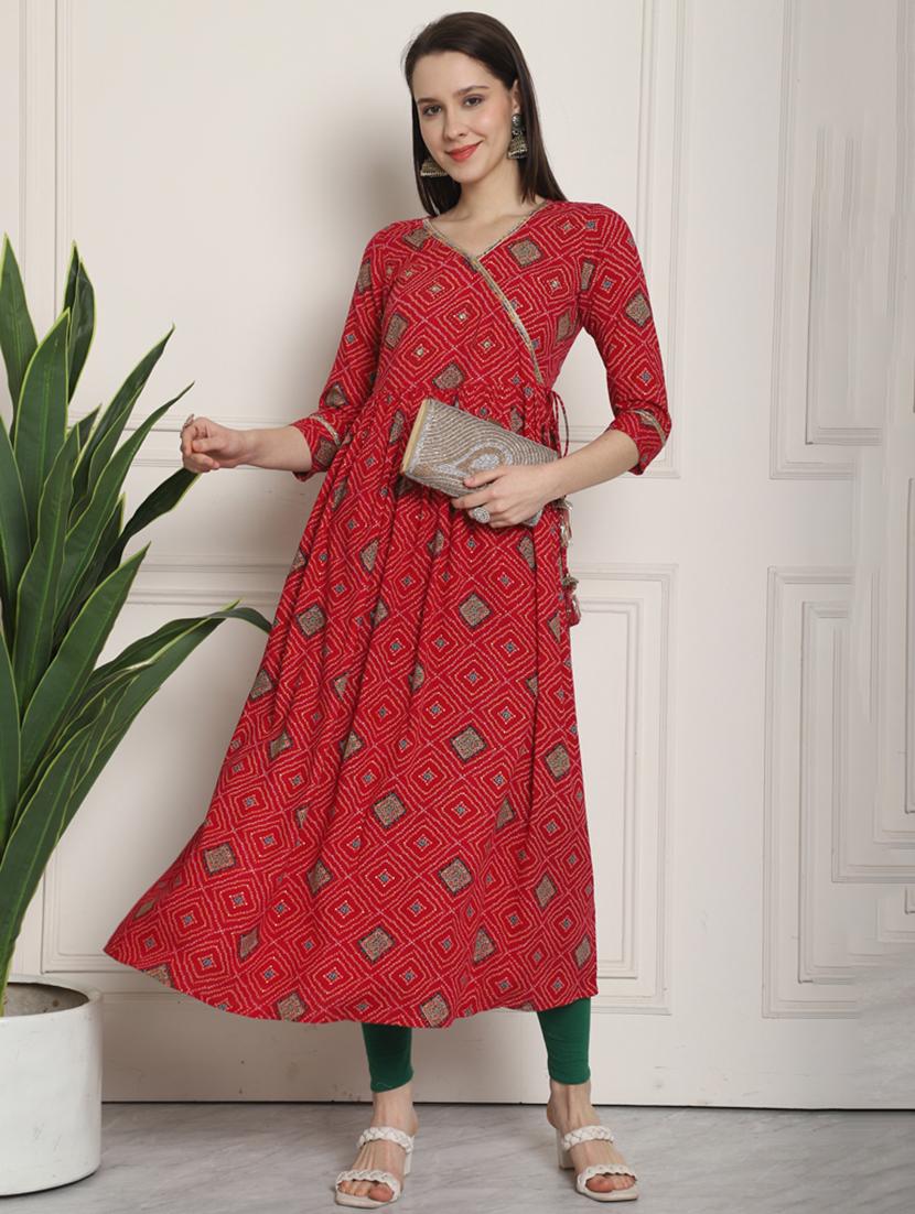 women bandhani printed v neck flared kurta - 21737520 -  Zoom Image - 0